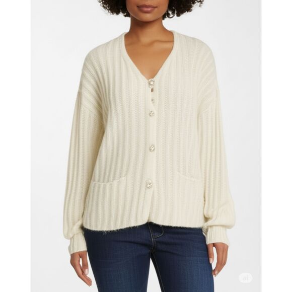 Express Tricot 90s Mohair Cardigan Women's M Fuzzy Chunky Knit Granny Ivory - Picture 1 of 14